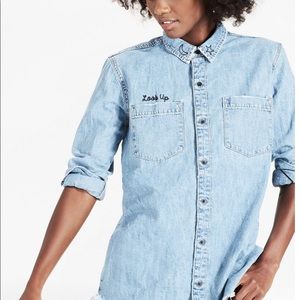 Lucky Brand Denim Boyfriend Shirt With "Look Up" Embroidery